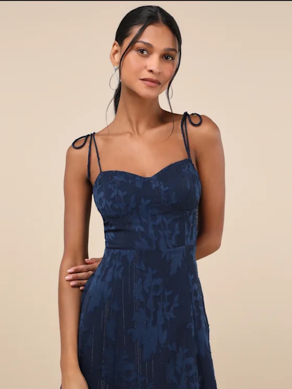 NWT Lulus navy blue floral jacquard tie strap midi dress - Picture 3 of 9